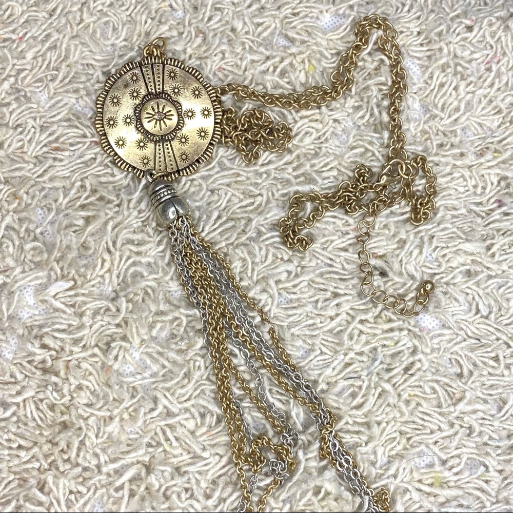 STAMPED METAL ANTIQUE GOLD STYLED CHAIN CELESTIAL LARIAT NECKLACE SILVER ACCENTS
